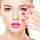 Beautiful woman face with pink makeup of eyes and nails. Glamour fashion model portrait